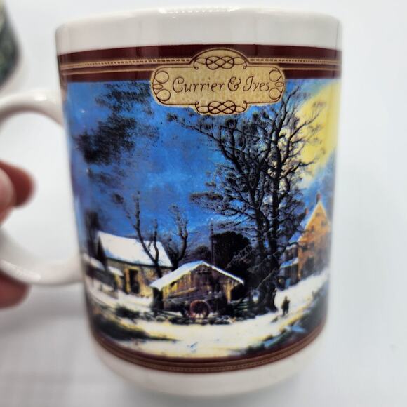 Vintage 1990 Currier & Ives Ceramic Coffee Mug Set, Country Winter Barn & Lake - Picture 8 of 8